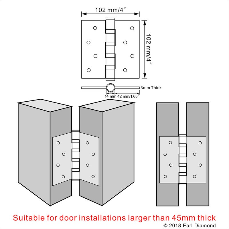 Earl Diamond 304 Stainless Steel 4" Door Hinges, Heavy Duty Ball Bearing Door Hinges with Square Corners for Exterior Interior Gate Swing Security Doors - Brushed Satin Nickel (Set of 2 Hinges) - Image 2